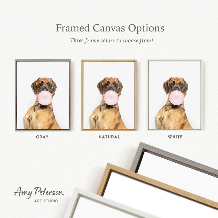 three framed canvas options for a dog with a pink bubble in its mouth, each with a different frame color: gray, natural, and white.