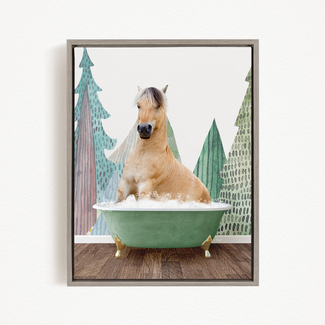A light brown horse is sitting in a green bathtub, surrounded by a forest-themed background with trees and a snowy landscape.