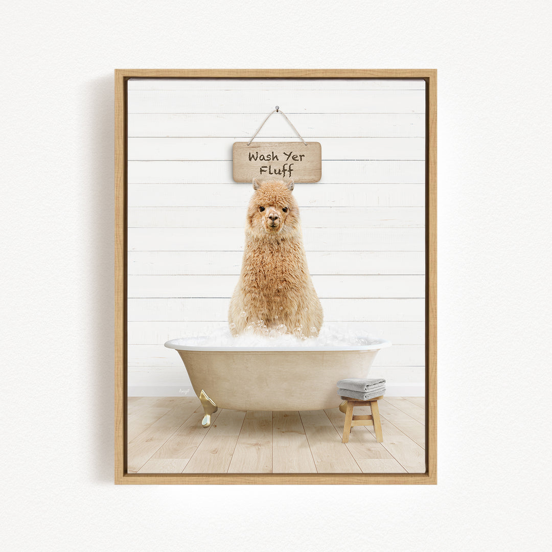 A fluffy brown dog sitting in a bathtub filled with water, with a sign above it that says "Wash Yer Fluff".