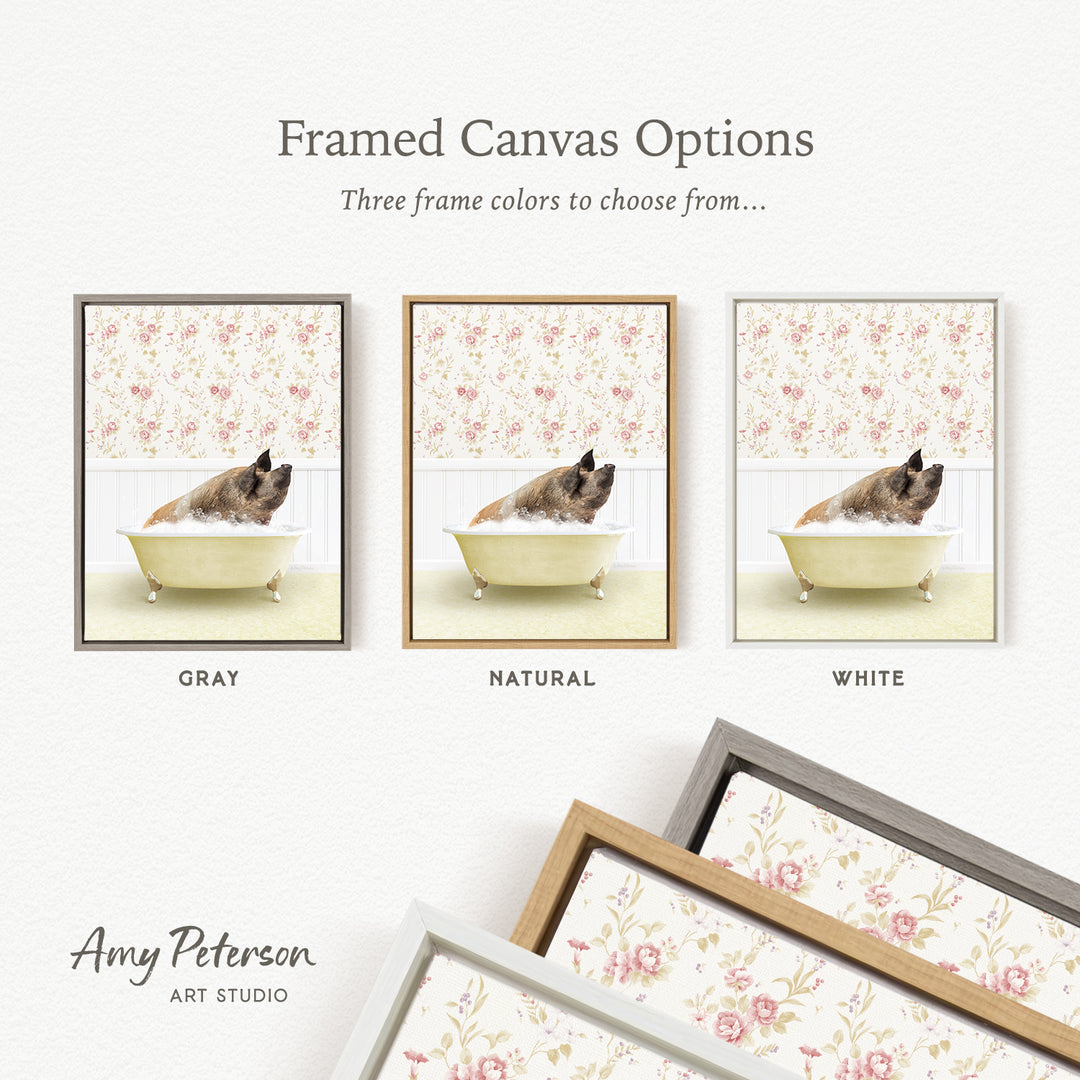The image is a framed canvas option showcasing three different framed canvas options, each featuring a picture of a dog in a bathtub. The options include a gray frame, a natural frame, and a white frame, each with a different floral pattern.
