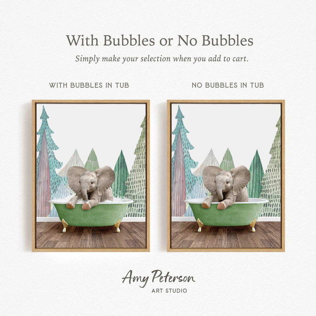 The image is a collage of two pictures featuring an elephant sitting in a green bathtub. The elephant is surrounded by a forest scene, with trees and a wooden floor. The collage includes a text overlay that provides instructions for selecting the desired bathtub, either with bubbles or without bubbles, depending on the viewer's preference.