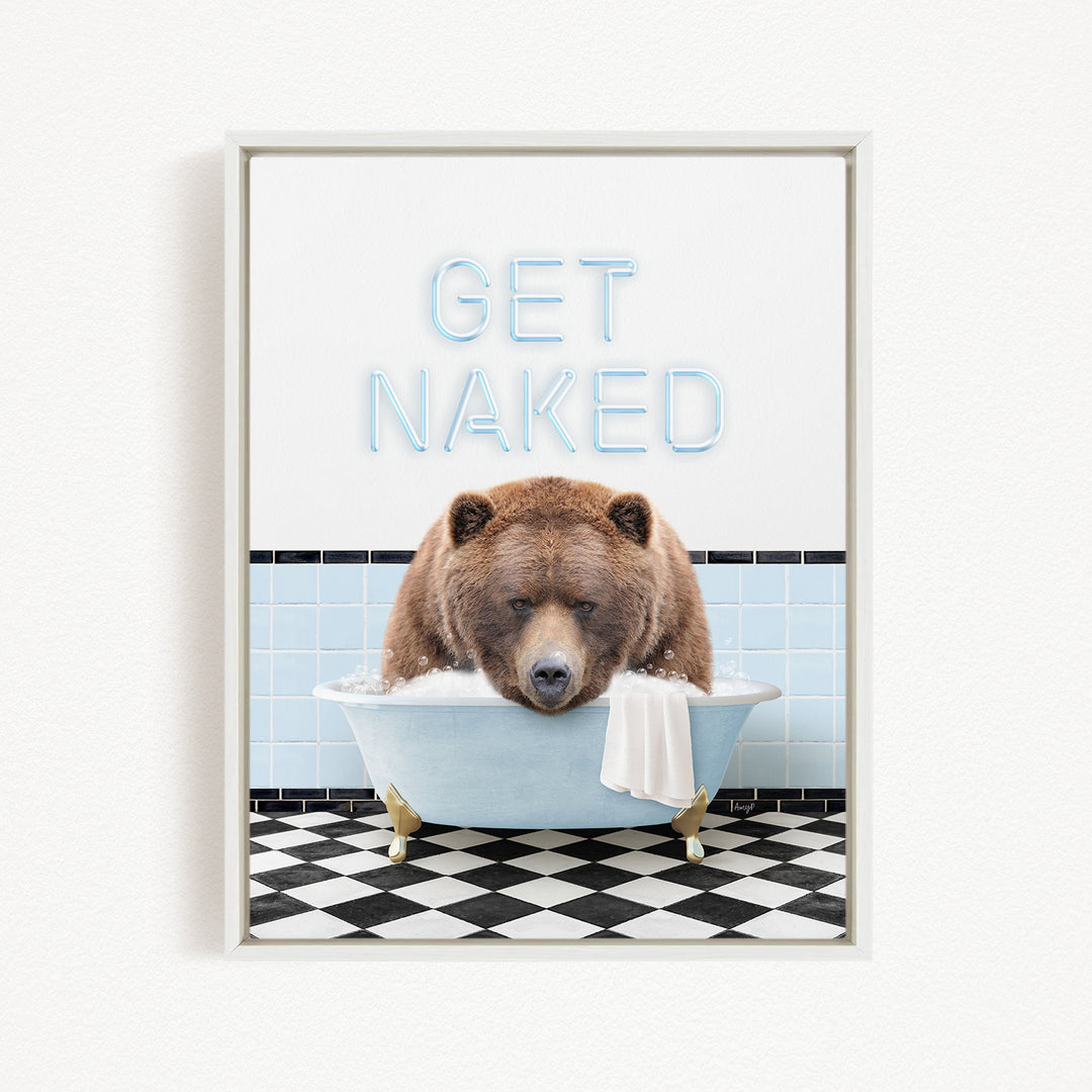 A brown bear sitting in a bathtub with the text "GET NAKED" displayed above it.