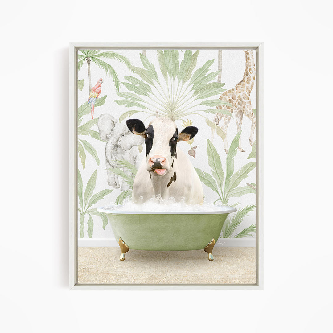A cow is sitting in a green bathtub filled with water, surrounded by tropical plants and animals, such as a giraffe and a parrot, in a whimsical and playful scene.