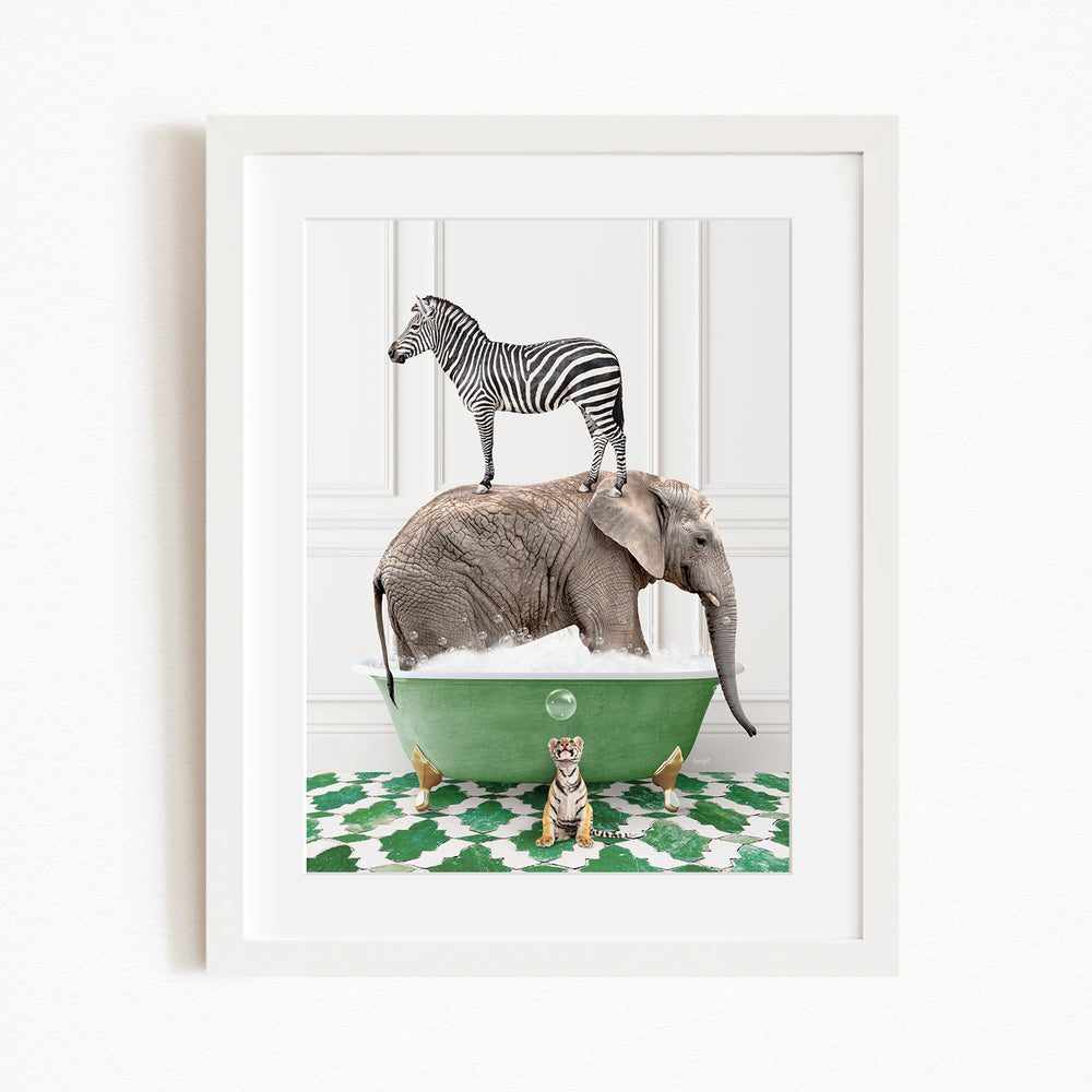 A zebra stands on top of an elephant in a green bathtub, with a tiger sitting in the tub below.