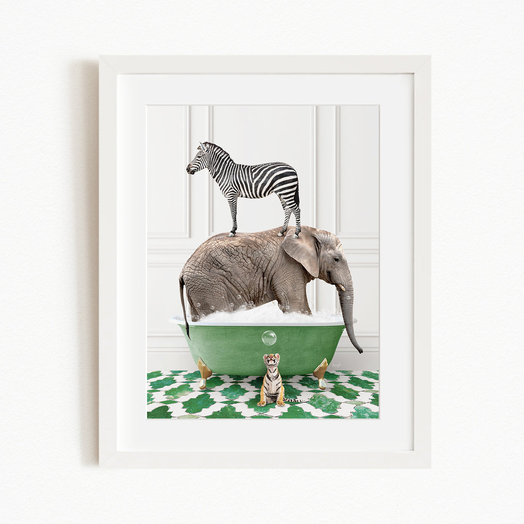 A zebra stands on top of an elephant in a green bathtub, with a tiger sitting in the tub below.