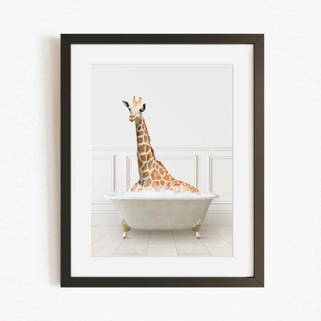 A giraffe sitting in a white bathtub filled with bubbles, creating a whimsical and playful scene.
