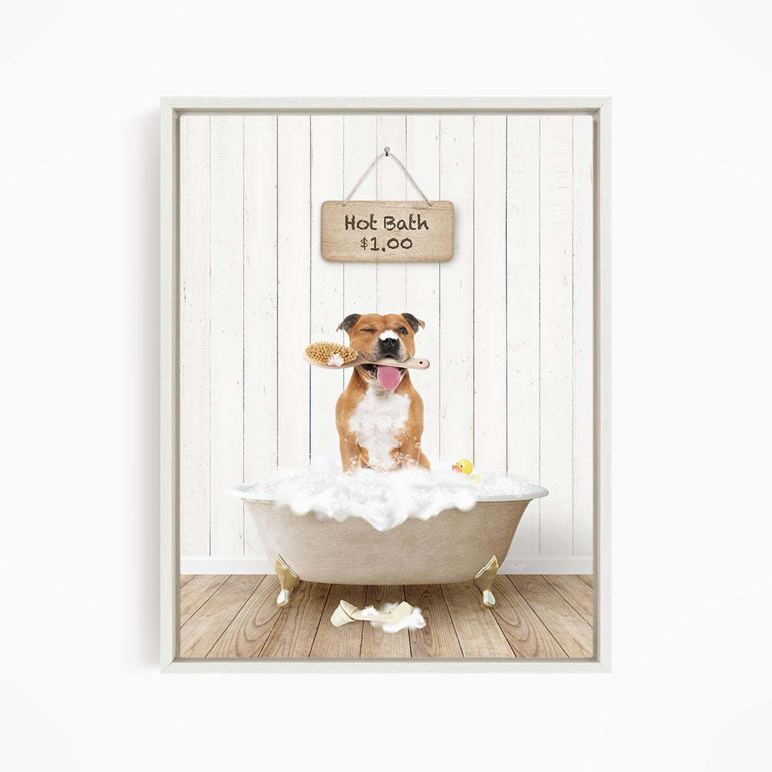 A brown and white dog sitting in a white bathtub filled with bubbles, holding a brush in its mouth, with a sign above indicating a hot bath for $1.00.