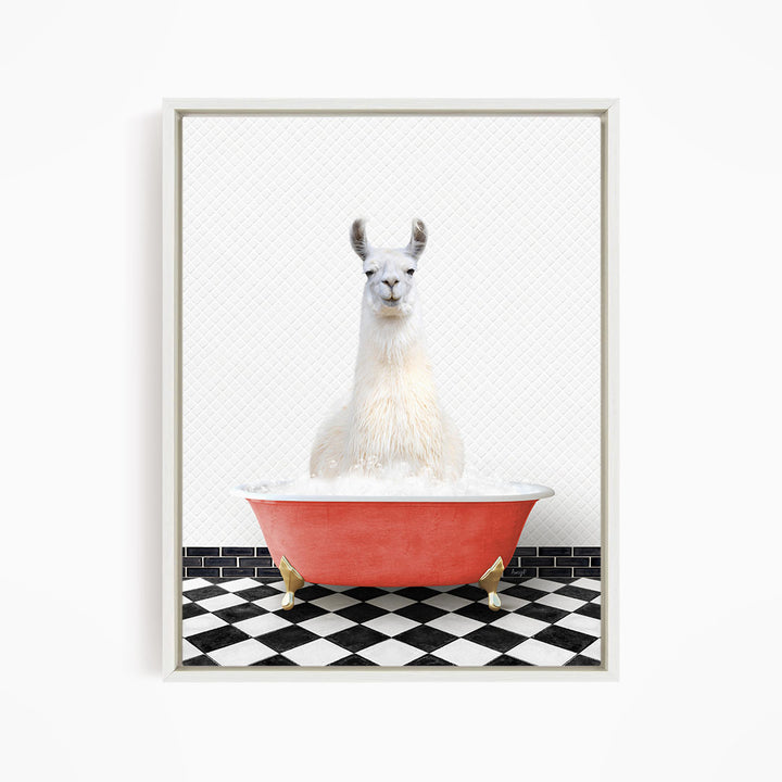 A white llama sitting in a red bathtub filled with bubbles, with a black and white checkered floor in the background.