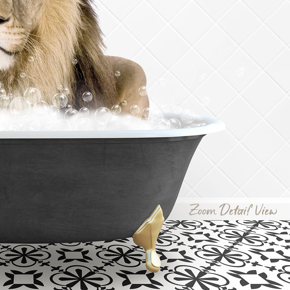 A lion is sitting in a bathtub filled with bubbles, surrounded by a patterned tile floor.