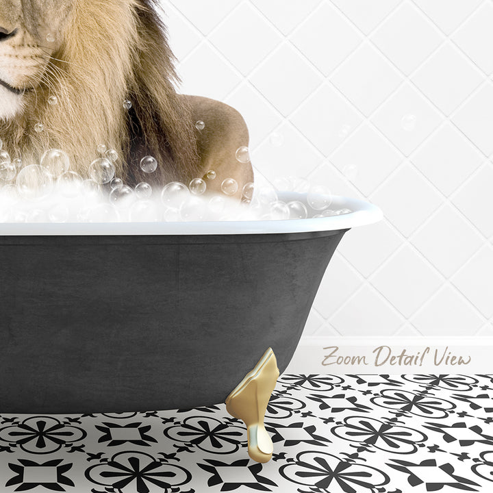 A lion is sitting in a bathtub filled with bubbles, surrounded by a patterned tile floor.