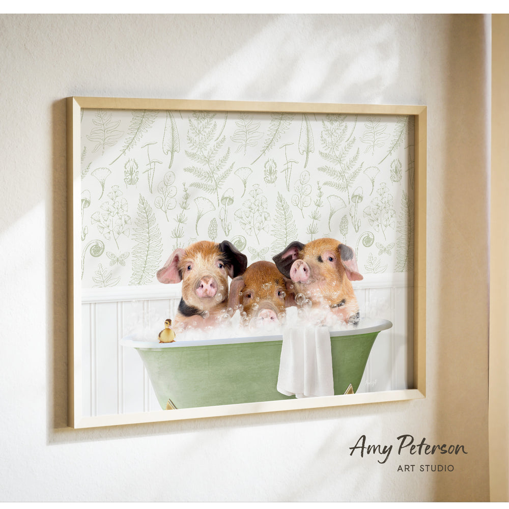 Three adorable pigs sitting in a green bathtub, enjoying a relaxing bath together.