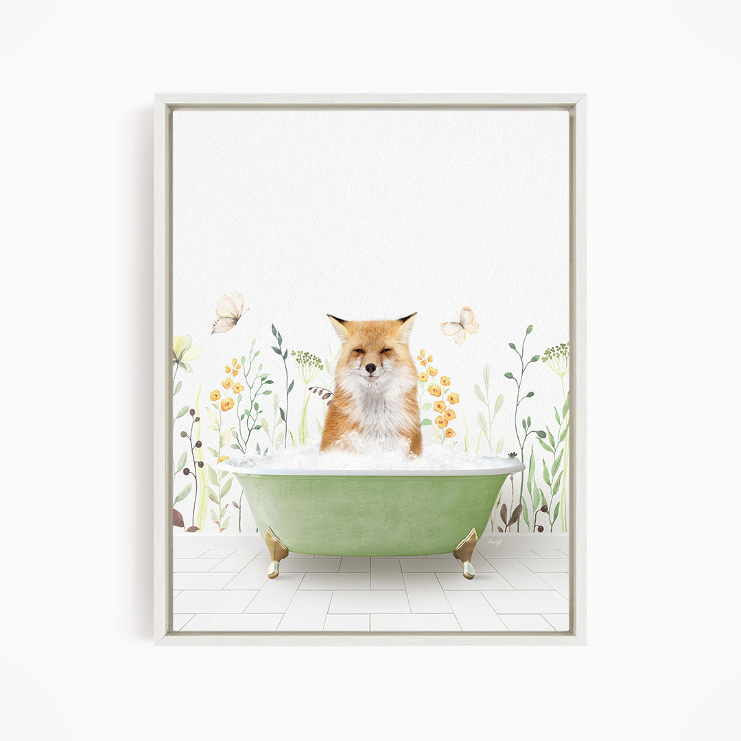 A fox is sitting in a green bathtub filled with water, surrounded by flowers and butterflies.
