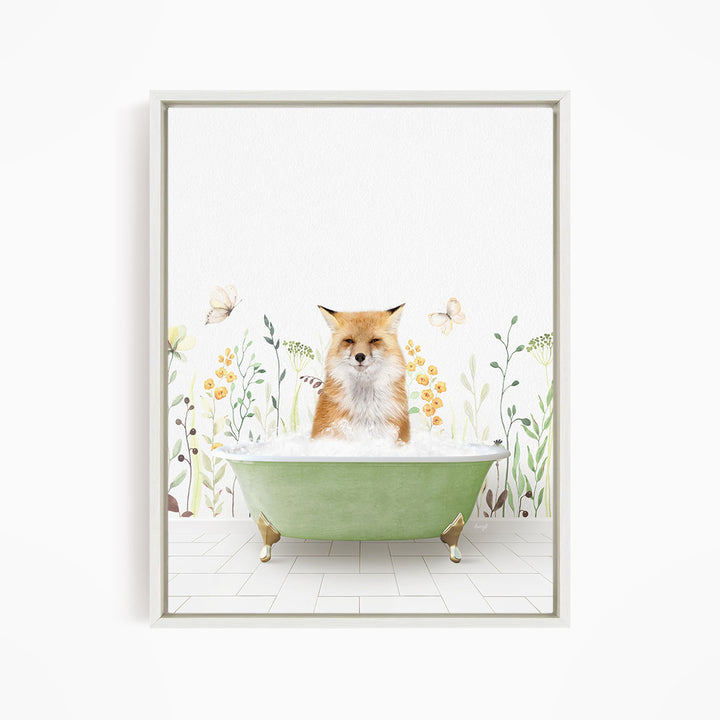 A fox is sitting in a green bathtub filled with water, surrounded by flowers and butterflies.