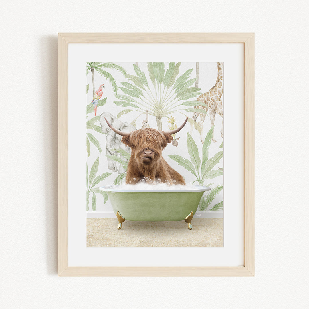 A framed image depicting a brown cow sitting in a green bathtub, surrounded by tropical foliage and a giraffe.