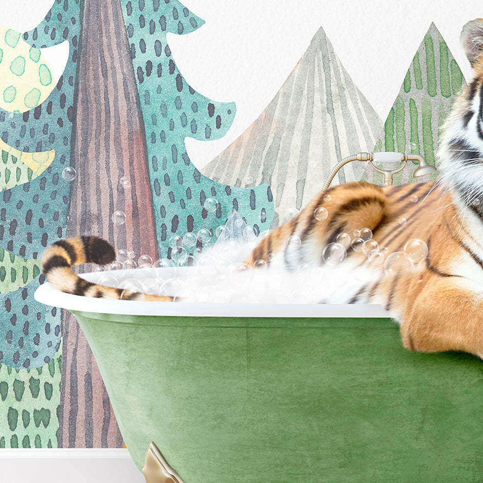 a stuffed tiger is sitting in a bathtub