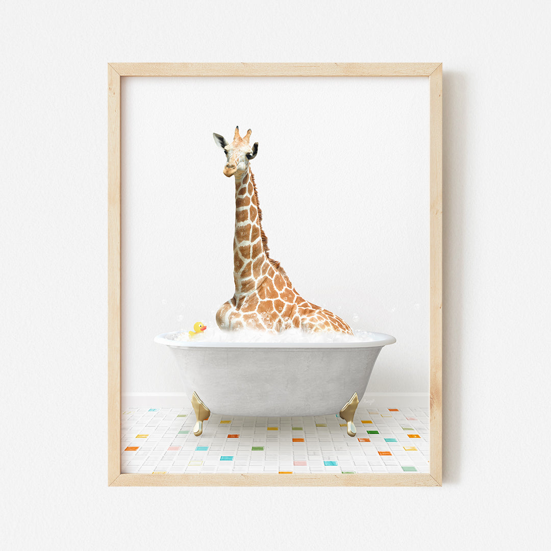 a picture of a giraffe sitting in a bathtub