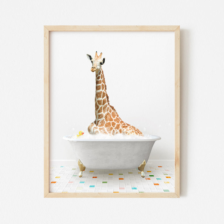 a picture of a giraffe sitting in a bathtub