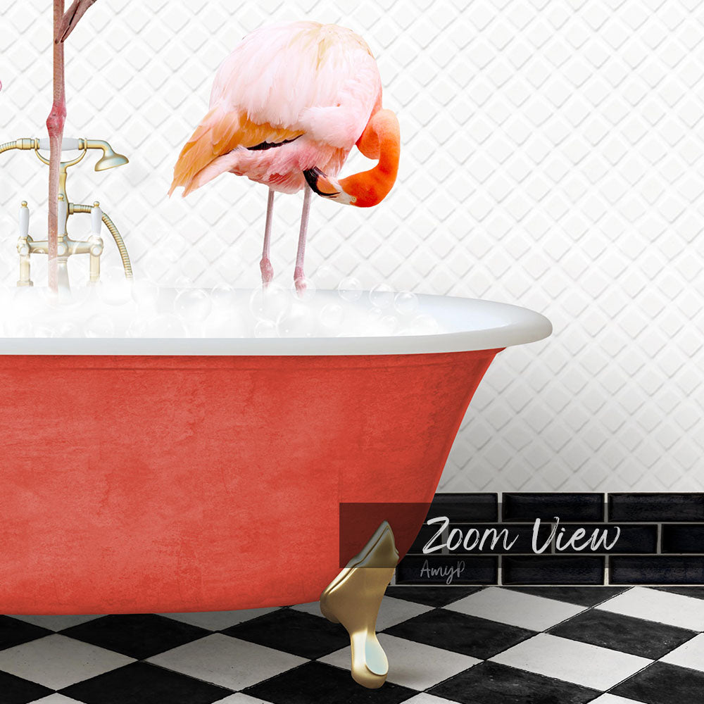 A pink flamingo stands in a red bathtub filled with water, with a black and white checkered floor and a text overlay that reads "Zoom View".