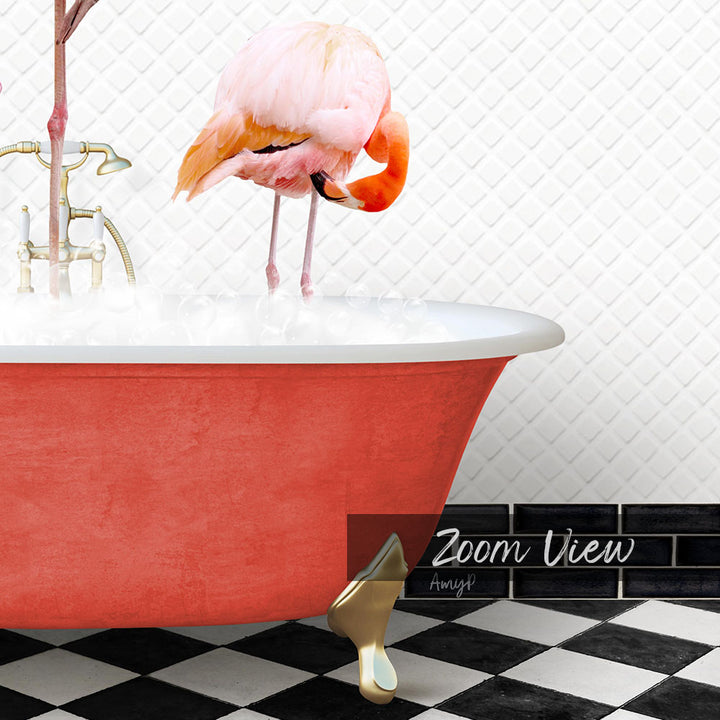 A pink flamingo stands in a red bathtub filled with water, with a black and white checkered floor and a text overlay that reads "Zoom View".