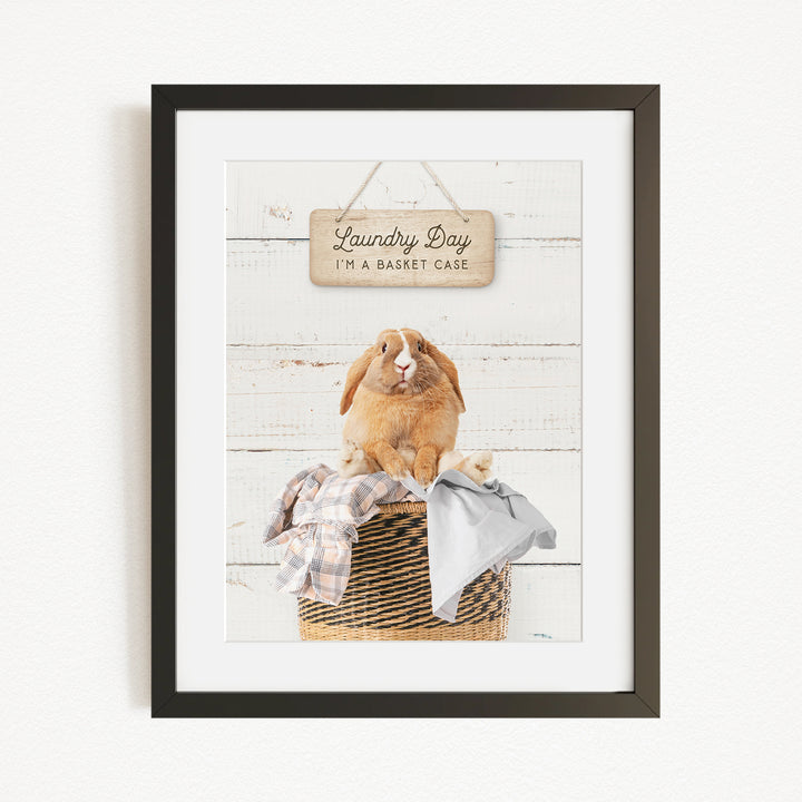 A framed image of a rabbit sitting in a basket filled with clothes, with a sign above that says "Laundry Day I'm a basket case".