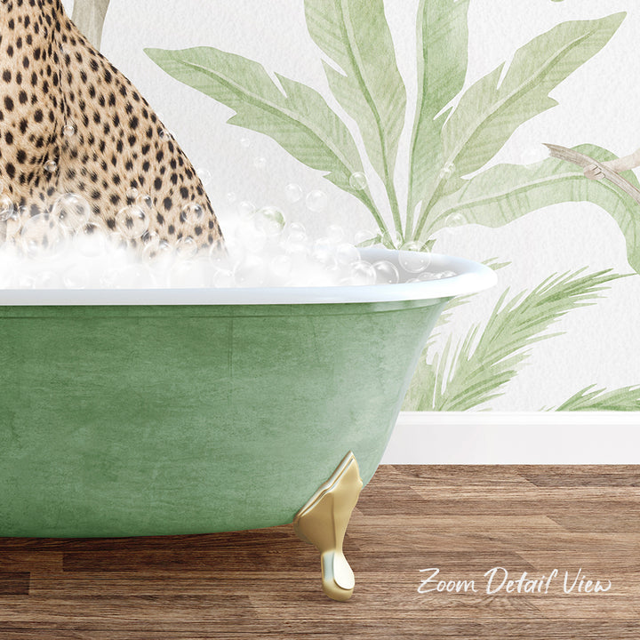 A leopard print bathtub filled with bubbles, placed on a wooden floor against a wall with a tropical plant wallpaper.