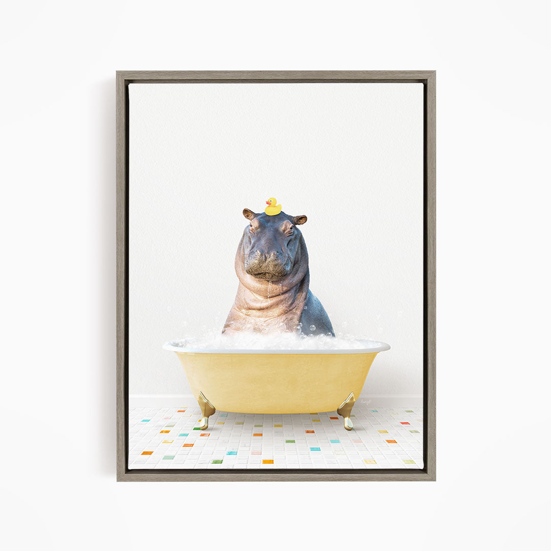 A hippopotamus sitting in a yellow bathtub, with a rubber duck perched on its head.
