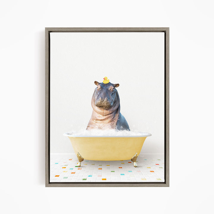 A hippopotamus sitting in a yellow bathtub, with a rubber duck perched on its head.