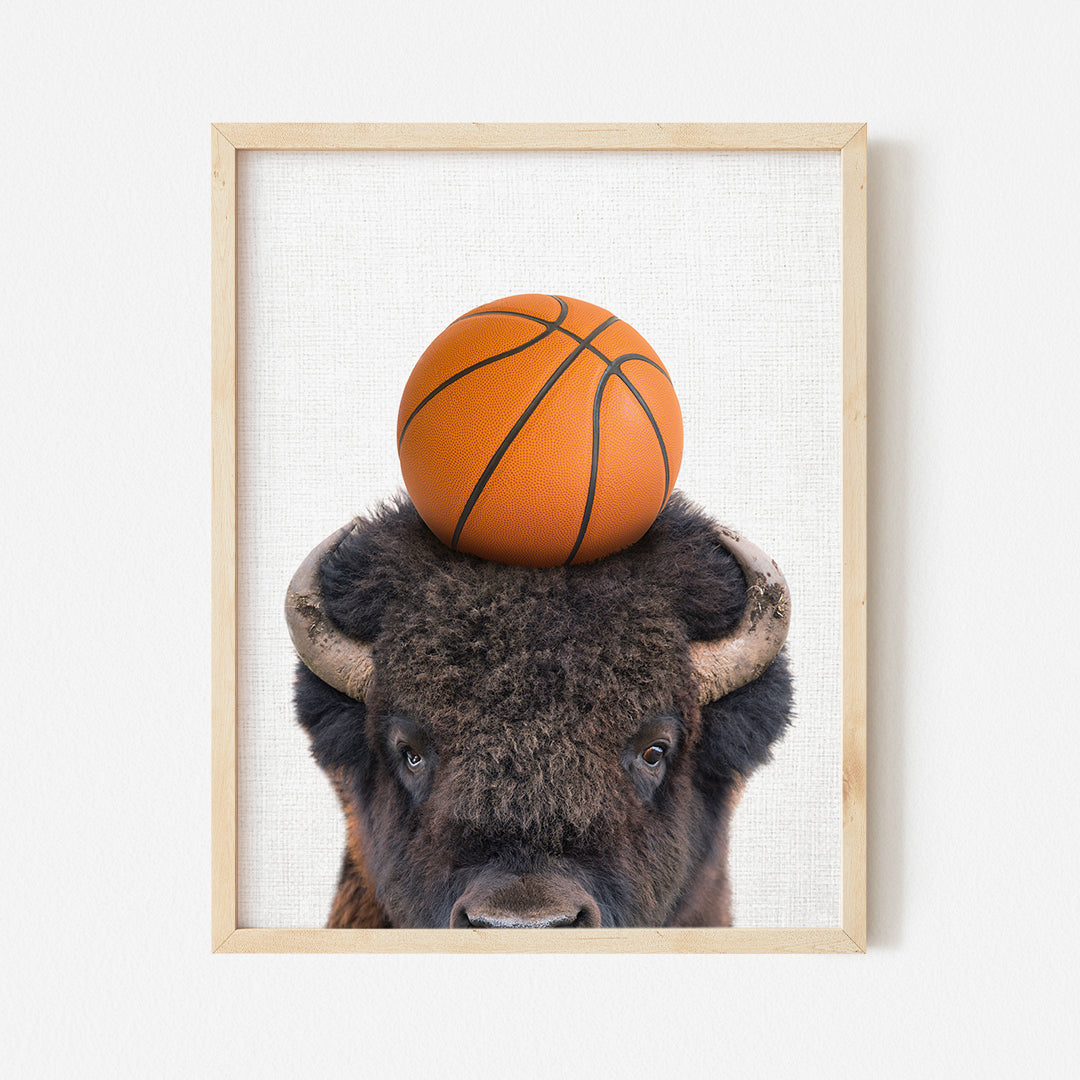 a bison with a basketball on its head