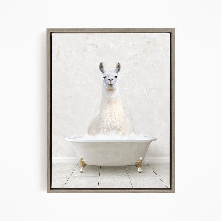 A white llama sitting in a white bathtub filled with water, creating a whimsical and playful scene.