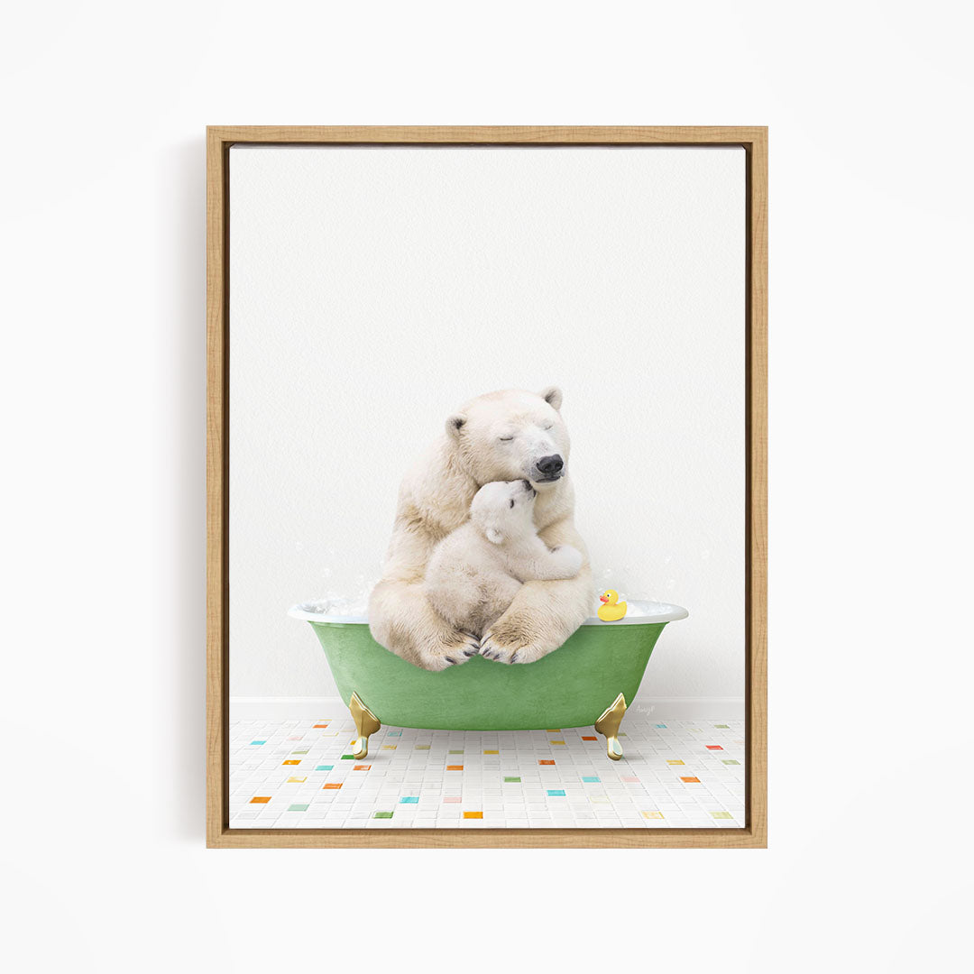 A polar bear and its cub are sitting together in a green bathtub, with a rubber duck floating in the water.
