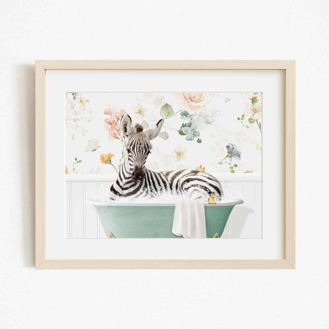 A zebra is sitting in a green bathtub, surrounded by flowers and plants, creating a whimsical and playful scene.