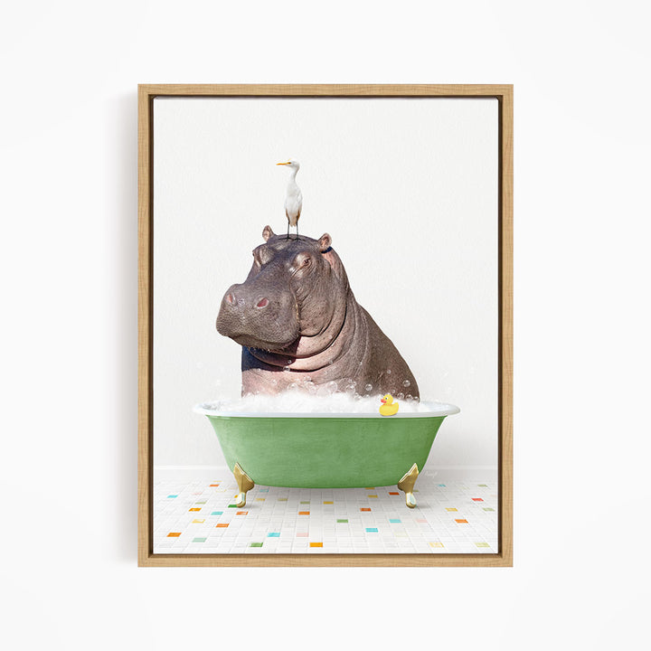 A hippopotamus sitting in a green bathtub, with a bird perched on its head.