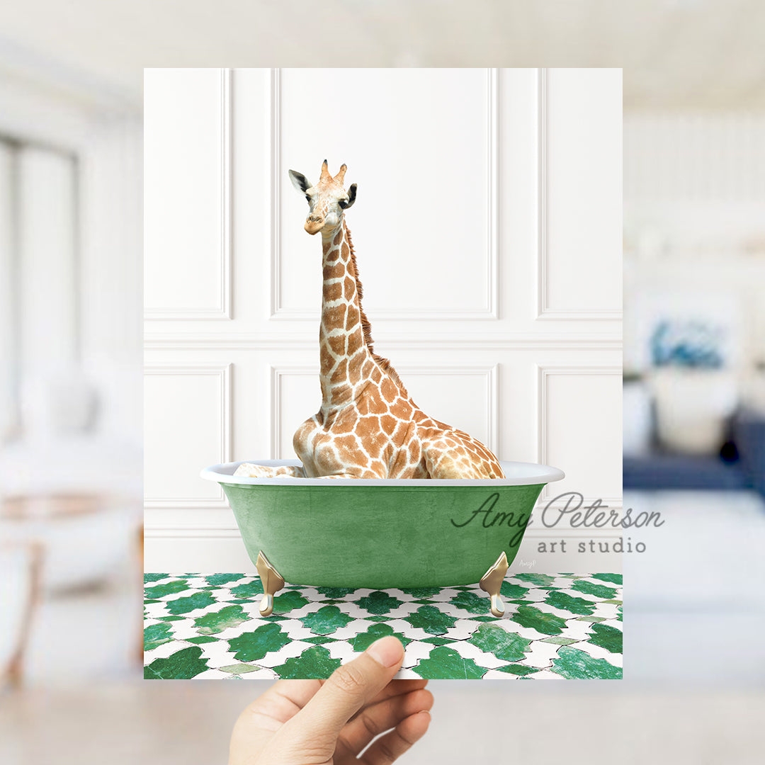 a giraffe is sitting in a green bowl