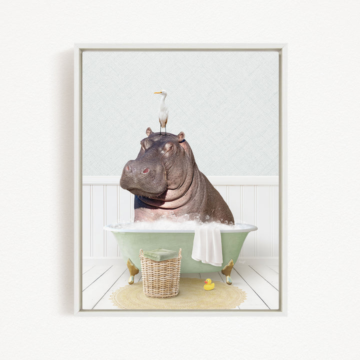 A hippopotamus sitting in a bathtub, with a bird perched on its head, and a basket of rubber ducks nearby.