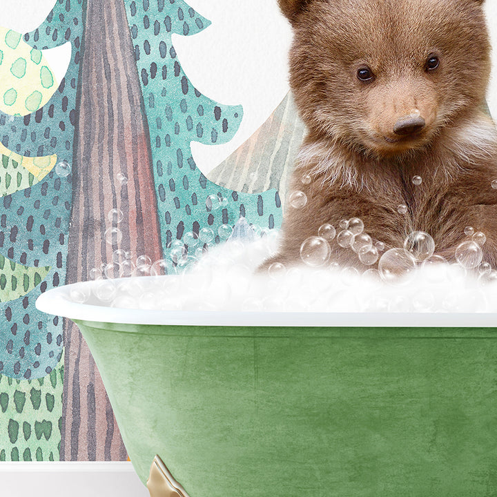 a brown bear sitting in a bath tub filled with bubbles