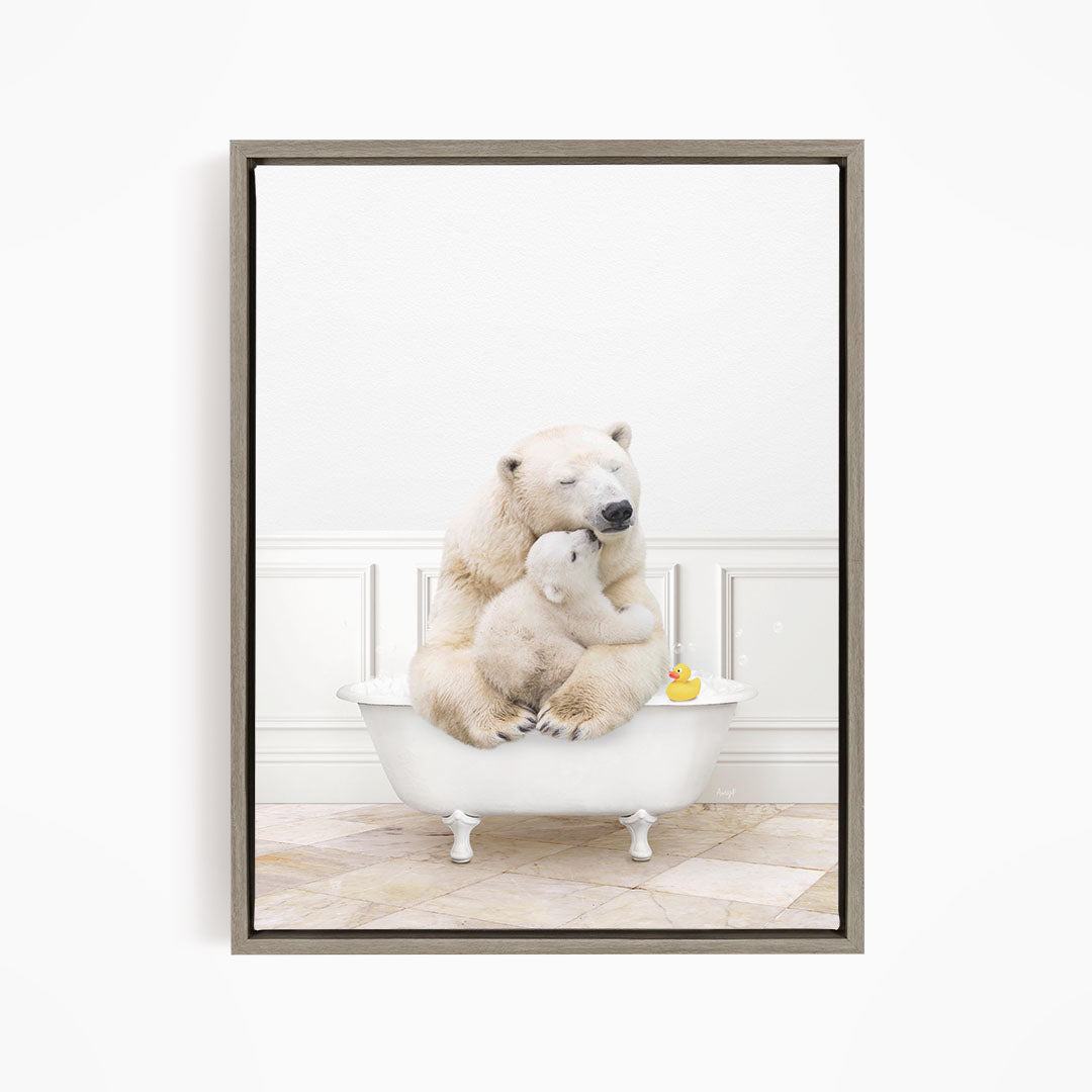 A mother polar bear and her cub sitting together in a white bathtub, with a rubber duck floating in the water.
