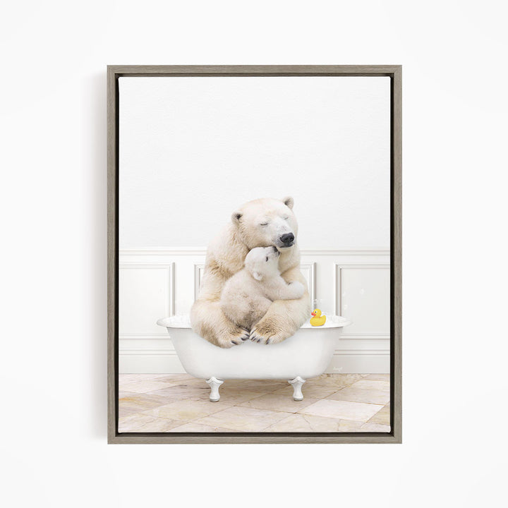 A mother polar bear and her cub sitting together in a white bathtub, with a rubber duck floating in the water.