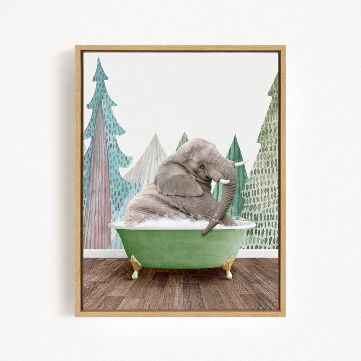 A gray elephant is sitting in a green bathtub, surrounded by a forest-like background with trees and a snowy landscape.