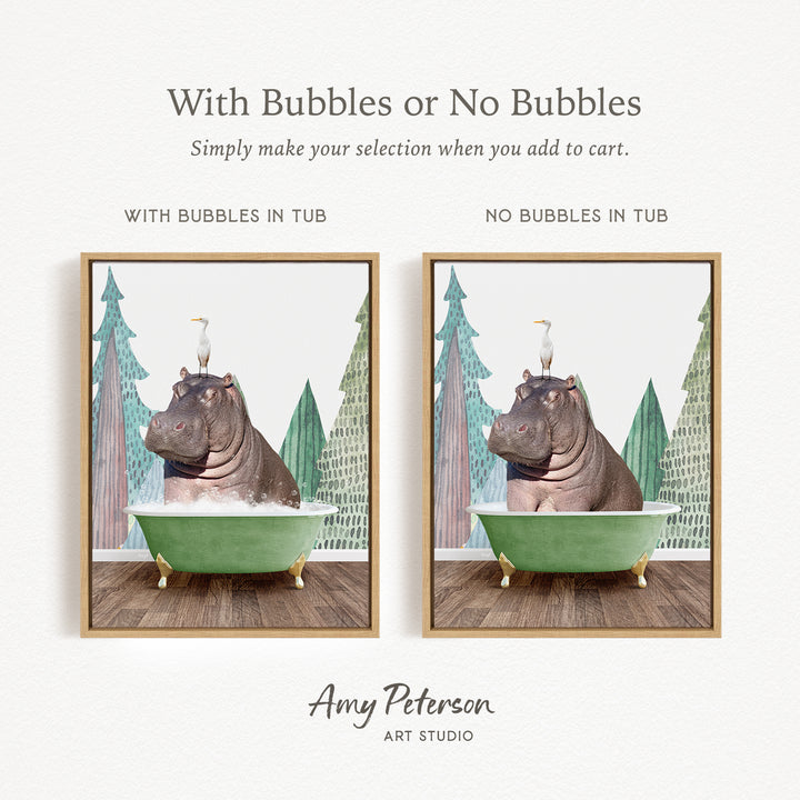The image is a collage of two pictures featuring a hippopotamus sitting in a bathtub. The first picture has bubbles in the tub, while the second picture does not have bubbles. The text above the images reads "With Bubbles or No Bubbles Simply make your selection when you add to cart."