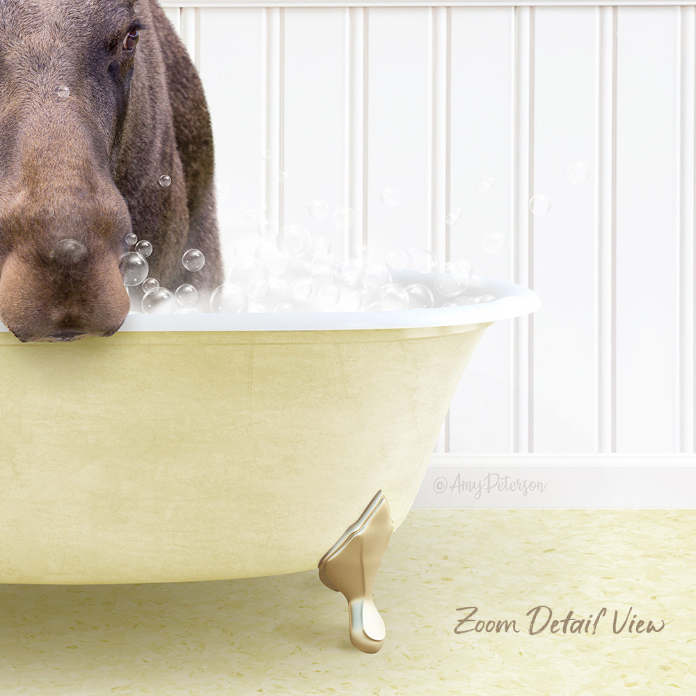A dog is standing in a bathtub filled with bubbles, looking at the camera.
