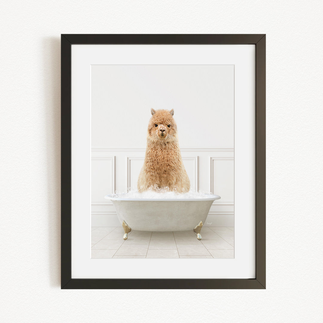 A fluffy brown dog sitting in a white bathtub filled with bubbles, looking directly at the camera.