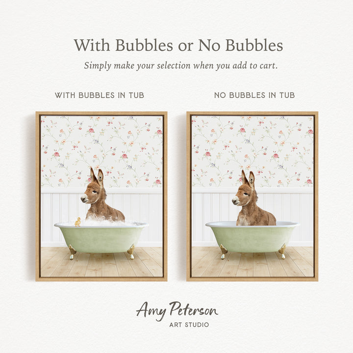 The image is a collage of two pictures, each depicting a donkey in a bathtub. The donkey in the bathtub has bubbles, while the donkey in the other bathtub does not have bubbles. The collage is titled "With Bubbles or No Bubbles" and is created by Amy Peterson from Art Studio.
