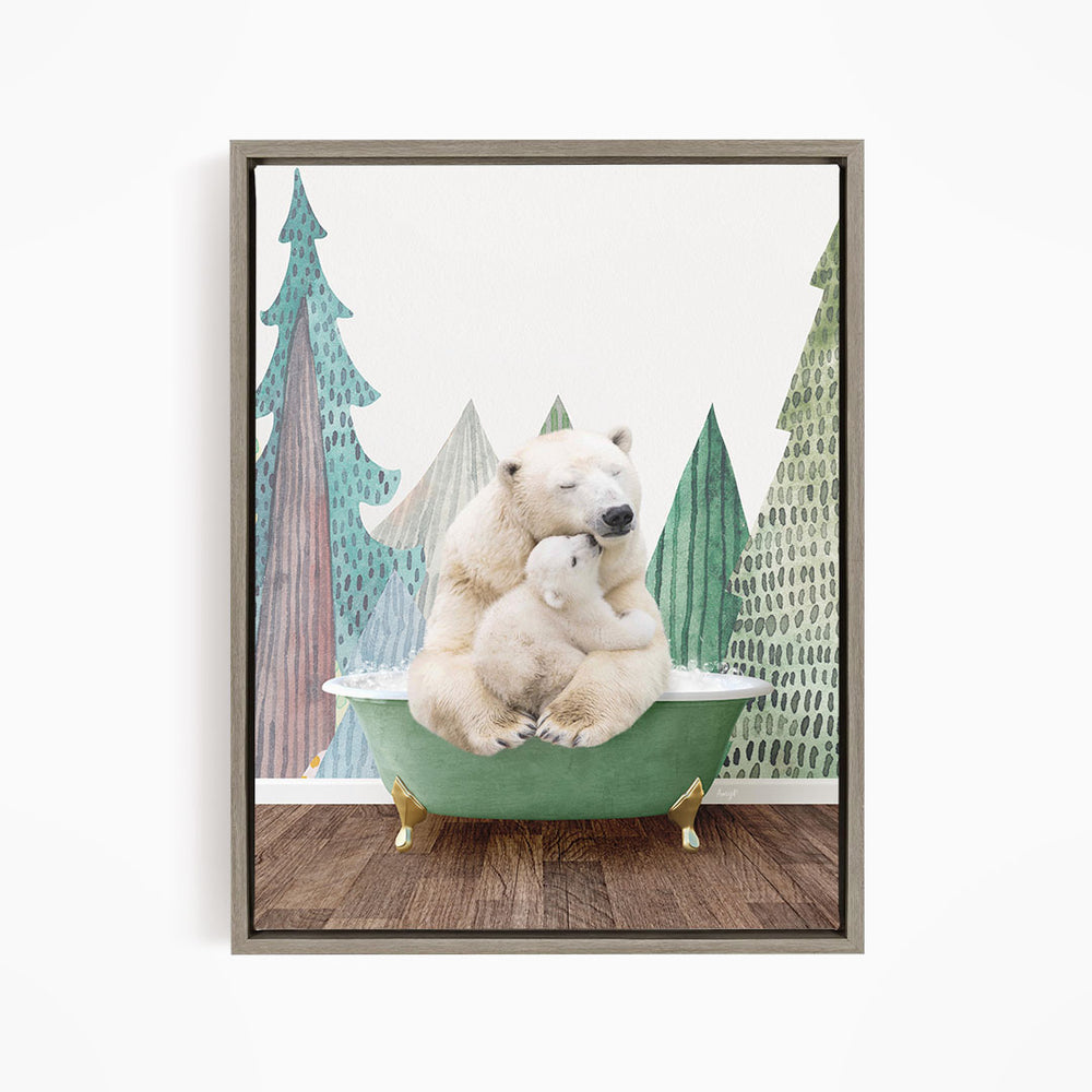 A polar bear is sitting in a green bathtub, surrounded by a forest scene with trees and a snowy landscape.