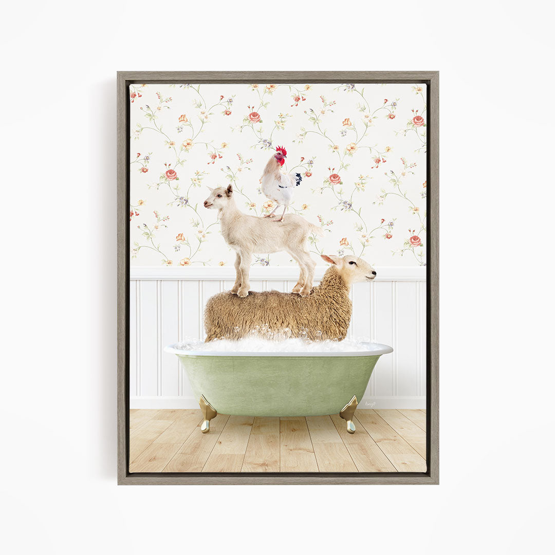A framed image depicting a sheep standing on a tub filled with water, with a chicken perched on top of it.