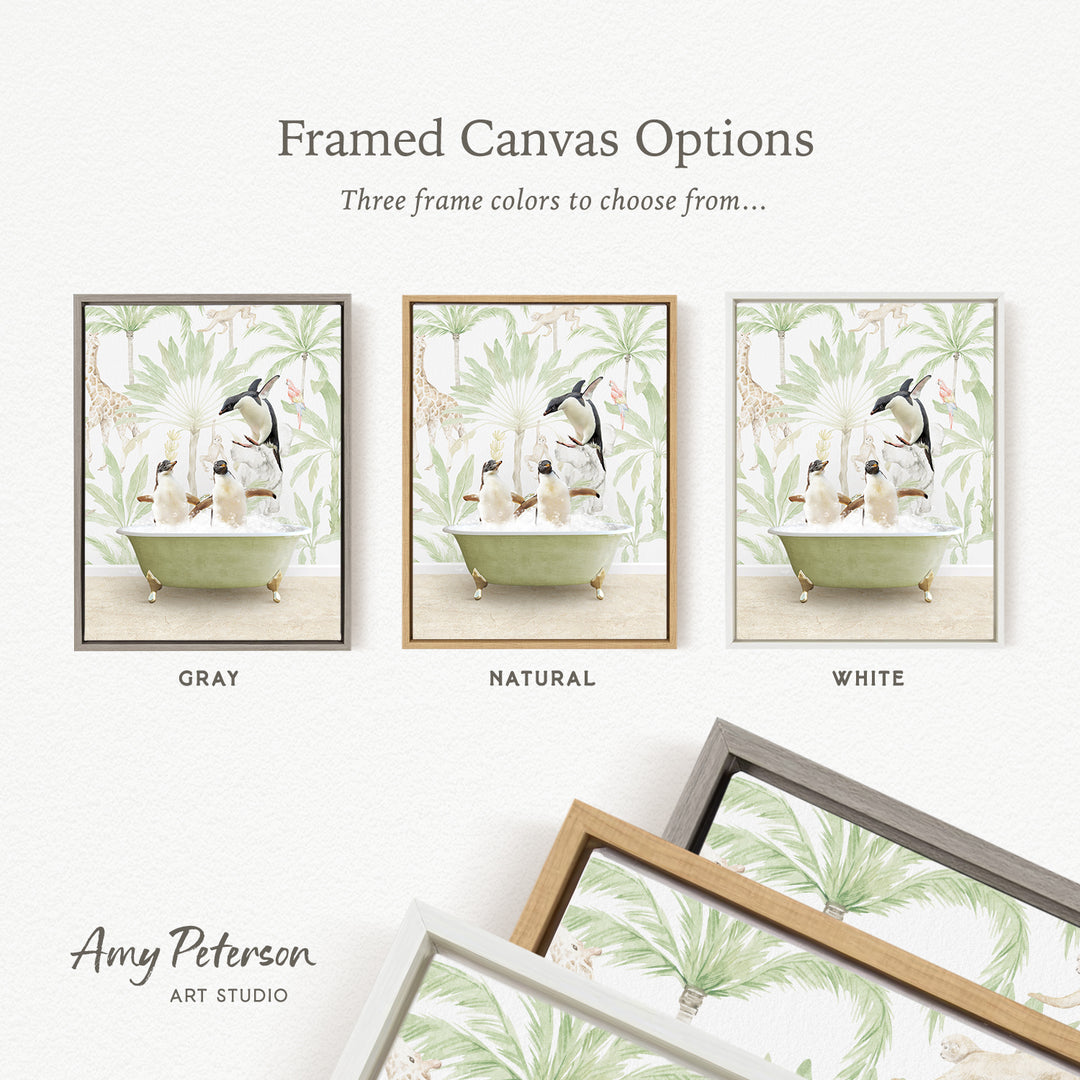 three framed canvas options, each featuring a different color and frame style. The options include a gray frame, a natural frame, and a white frame, each with a different background design.