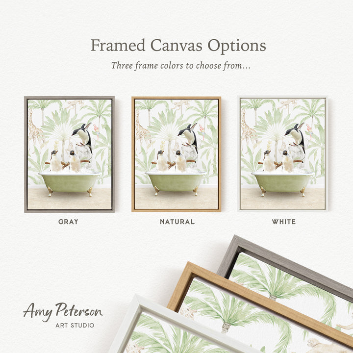 three framed canvas options, each featuring a different color and frame style. The options include a gray frame, a natural frame, and a white frame, each with a different background design.