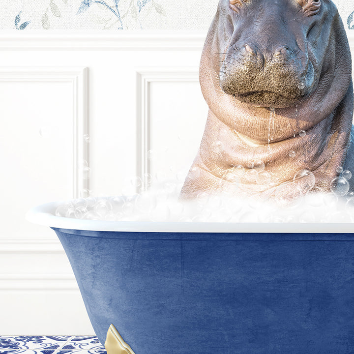 a hippopotamus in a blue bathtub with bubbles