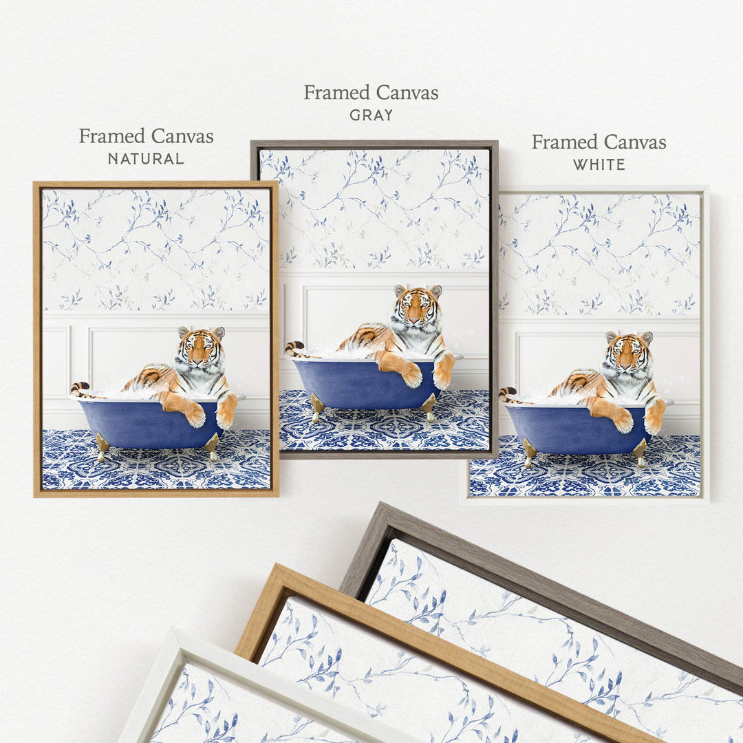 a framed canvas with a tiger sitting in a bathtub, surrounded by a blue and white floral pattern.