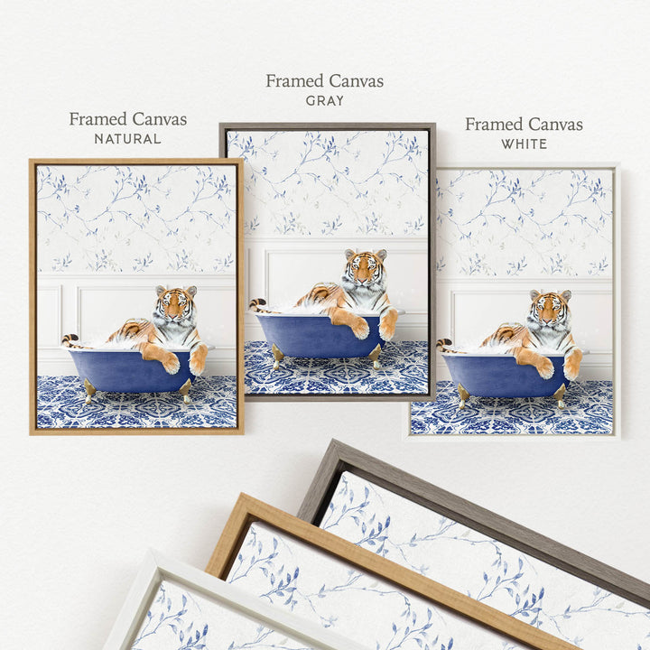 a framed canvas with a tiger sitting in a bathtub, surrounded by a blue and white floral pattern.
