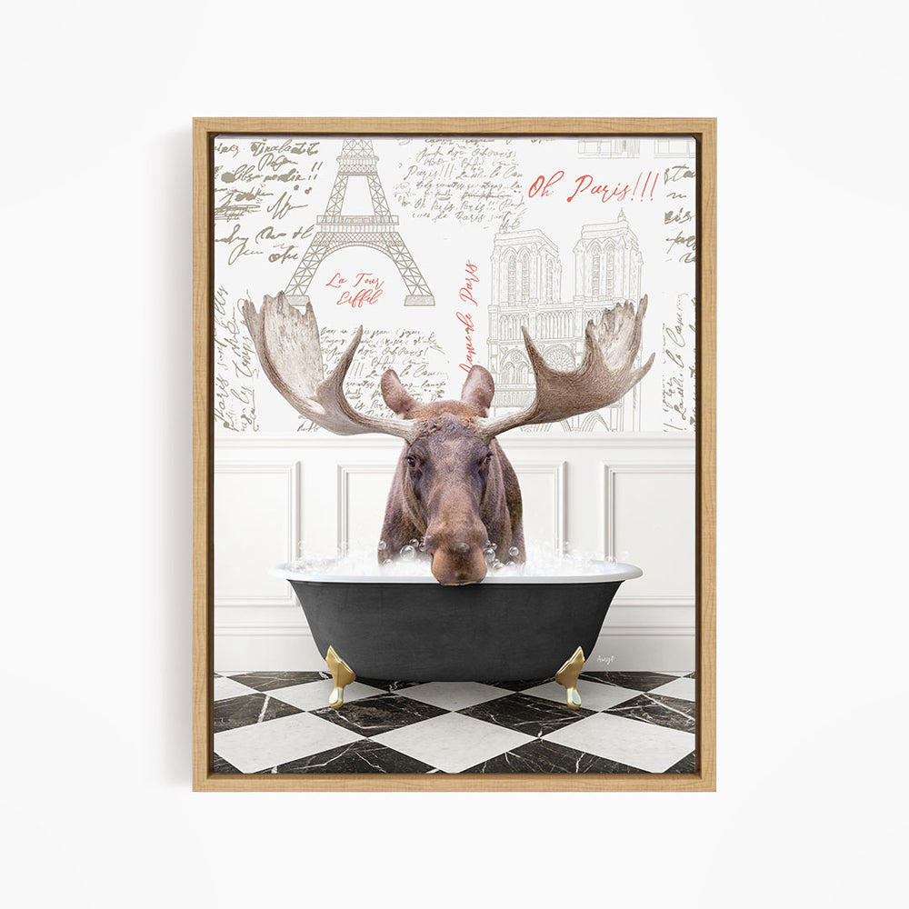 A moose is sitting in a bathtub filled with water, surrounded by a checkered floor and a wall with the Eiffel Tower and other Parisian landmarks.
